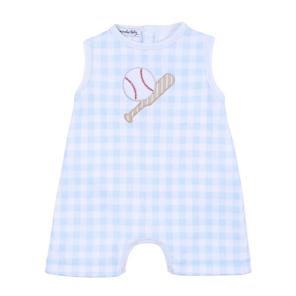 Magnolia Baby Batter Up Applique bubble Short Playsuit gingham baseball romper